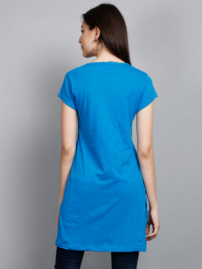 Women's Cotton Round Neck Long Top Chest Printed with Side Cut