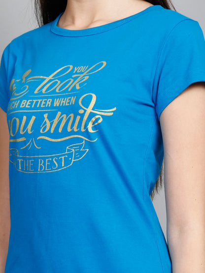 Women's Cotton Round Neck Long Top Chest Printed with Side Cut