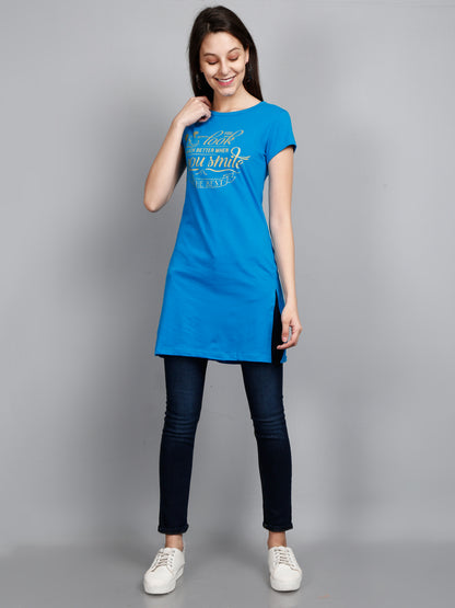 Women's Cotton Round Neck Long Top Chest Printed with Side Cut