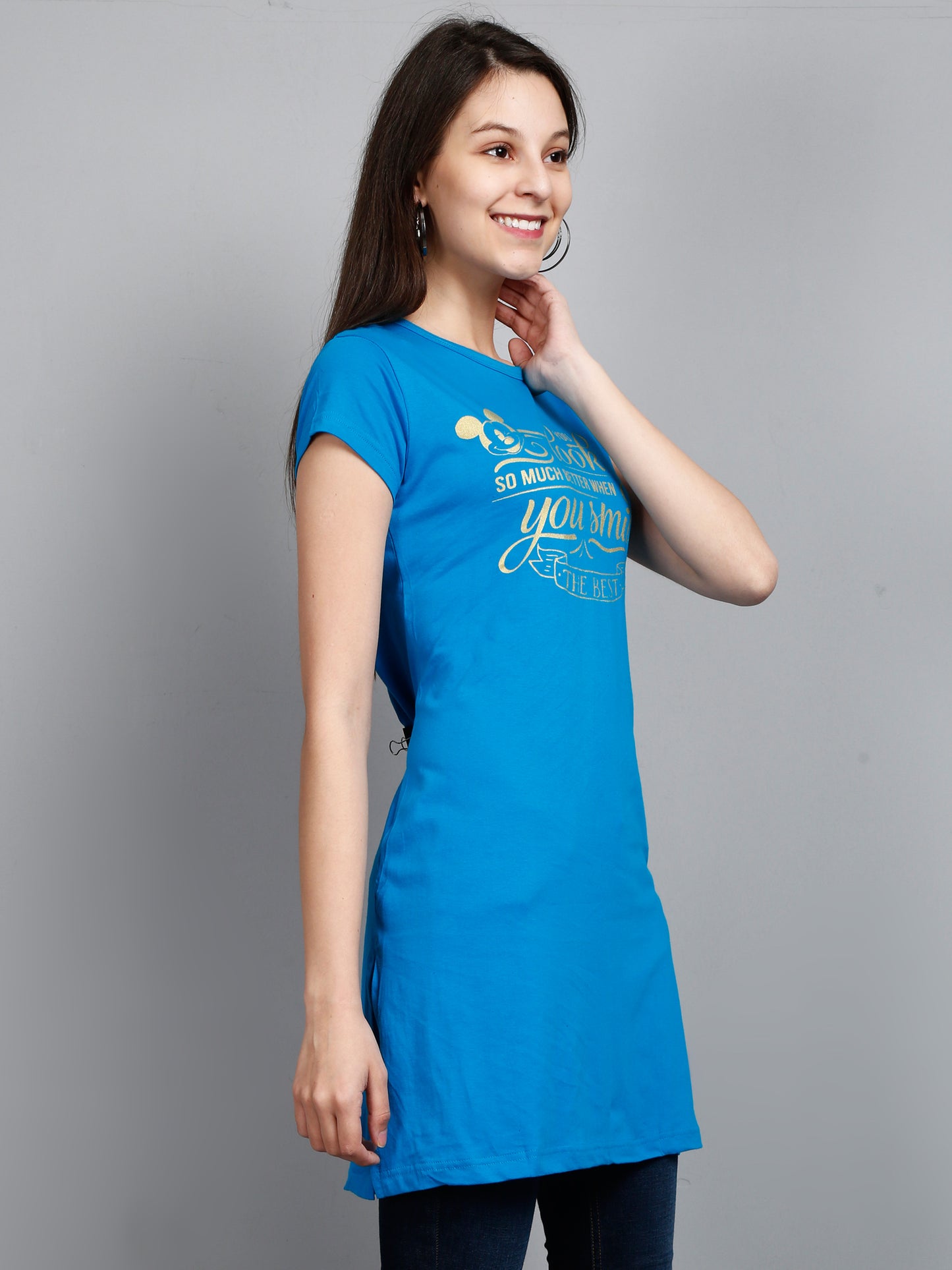 Women's Cotton Round Neck Blue Color Long Top Chest Printed with Side Cut
