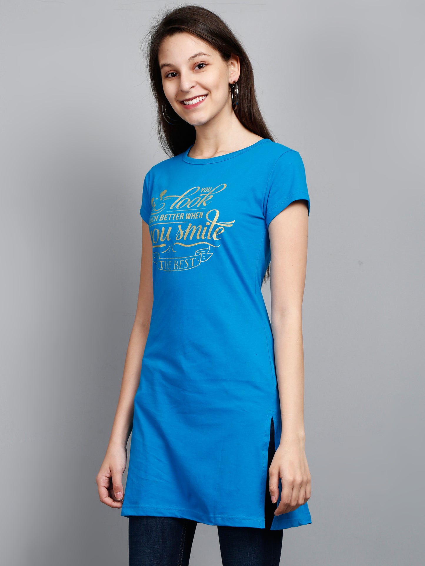 Women's Cotton Round Neck Blue Color Long Top Chest Printed with Side Cut