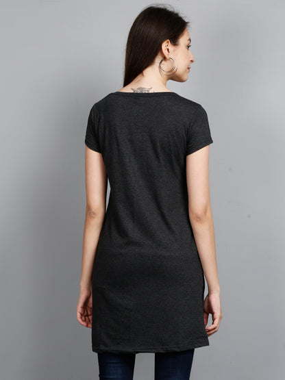 Women's Cotton Round Neck Long Top Chest Printed with Side Cut