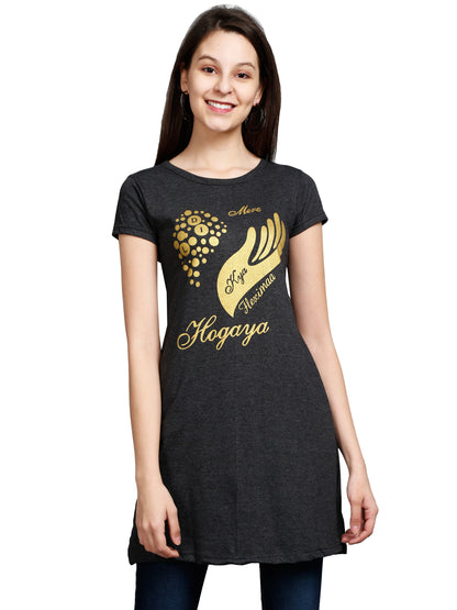 Women's Cotton Round Neck Long Top Chest Printed with Side Cut