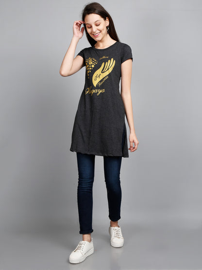 Women's Cotton Round Neck Long Top Chest Printed with Side Cut