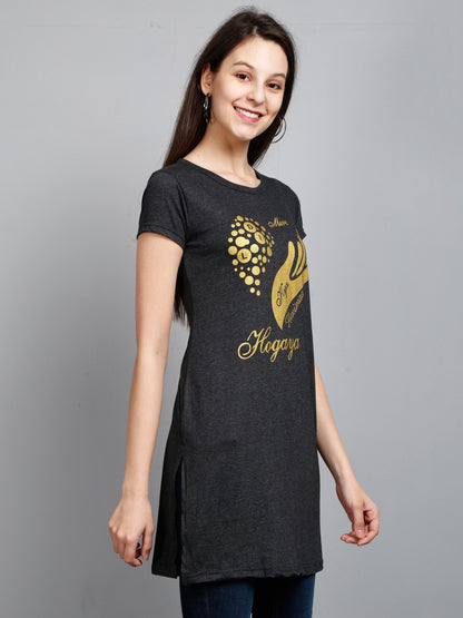 Women's Cotton Round Neck Charcoal Melange Color Long Top Chest Printed with Side Cut