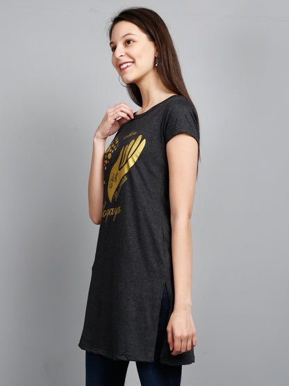 Women's Cotton Round Neck Long Top Chest Printed with Side Cut