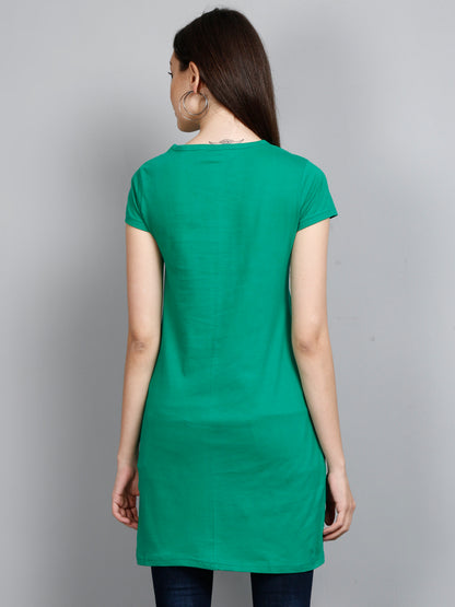 Women's Cotton Round Neck Pakistan Green Color Long Top Chest Printed with Side Cut