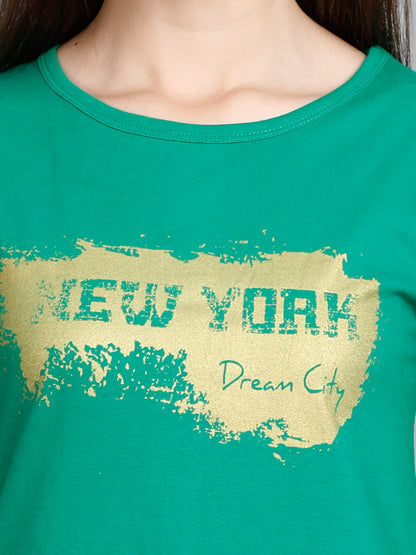 Women's Cotton Round Neck Pakistan Green Color Long Top Chest Printed with Side Cut