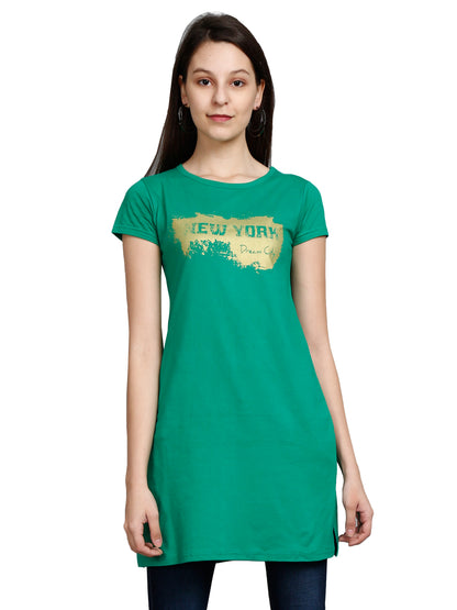 Women's Cotton Round Neck Long Top Chest Printed with Side Cut