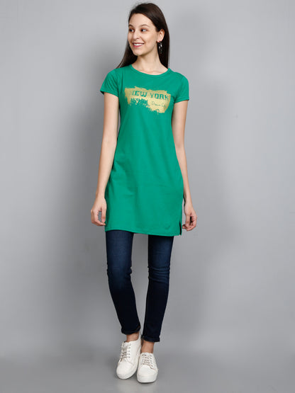 Women's Cotton Round Neck Long Top Chest Printed with Side Cut