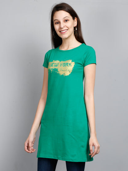 Women's Cotton Round Neck Long Top Chest Printed with Side Cut