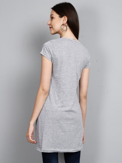 Women's Cotton Round Neck Long Top Chest Printed with Side Cut