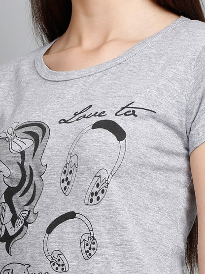 Women's Cotton Round Neck Long Top Chest Printed with Side Cut