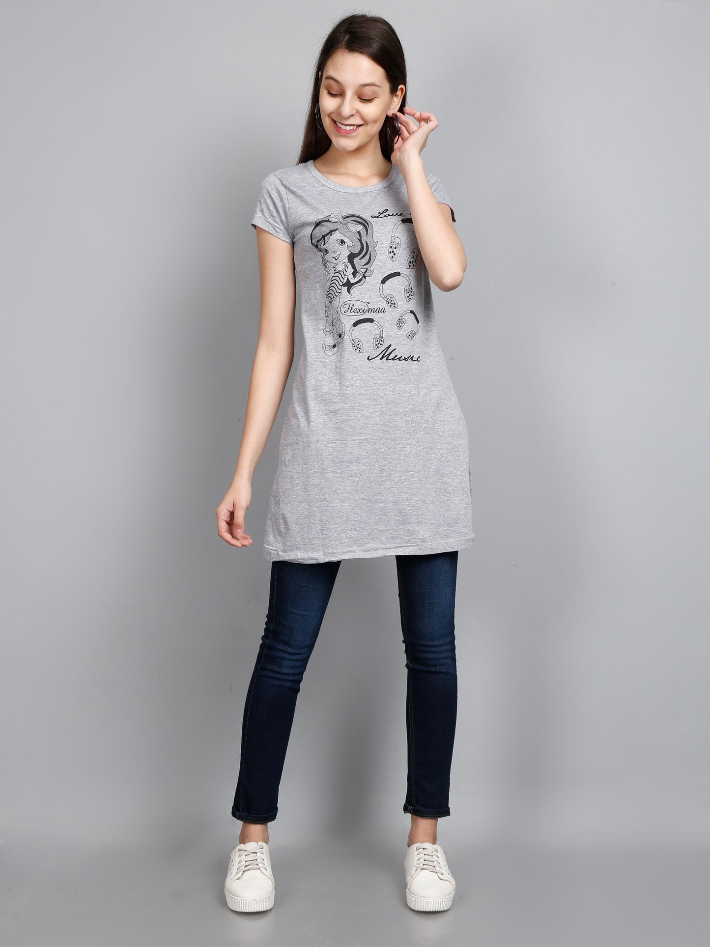 Women's Cotton Round Neck Grey Melange Color Long Top Chest Printed with Side Cut