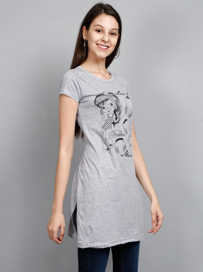 Women's Cotton Round Neck Grey Melange Color Long Top Chest Printed with Side Cut