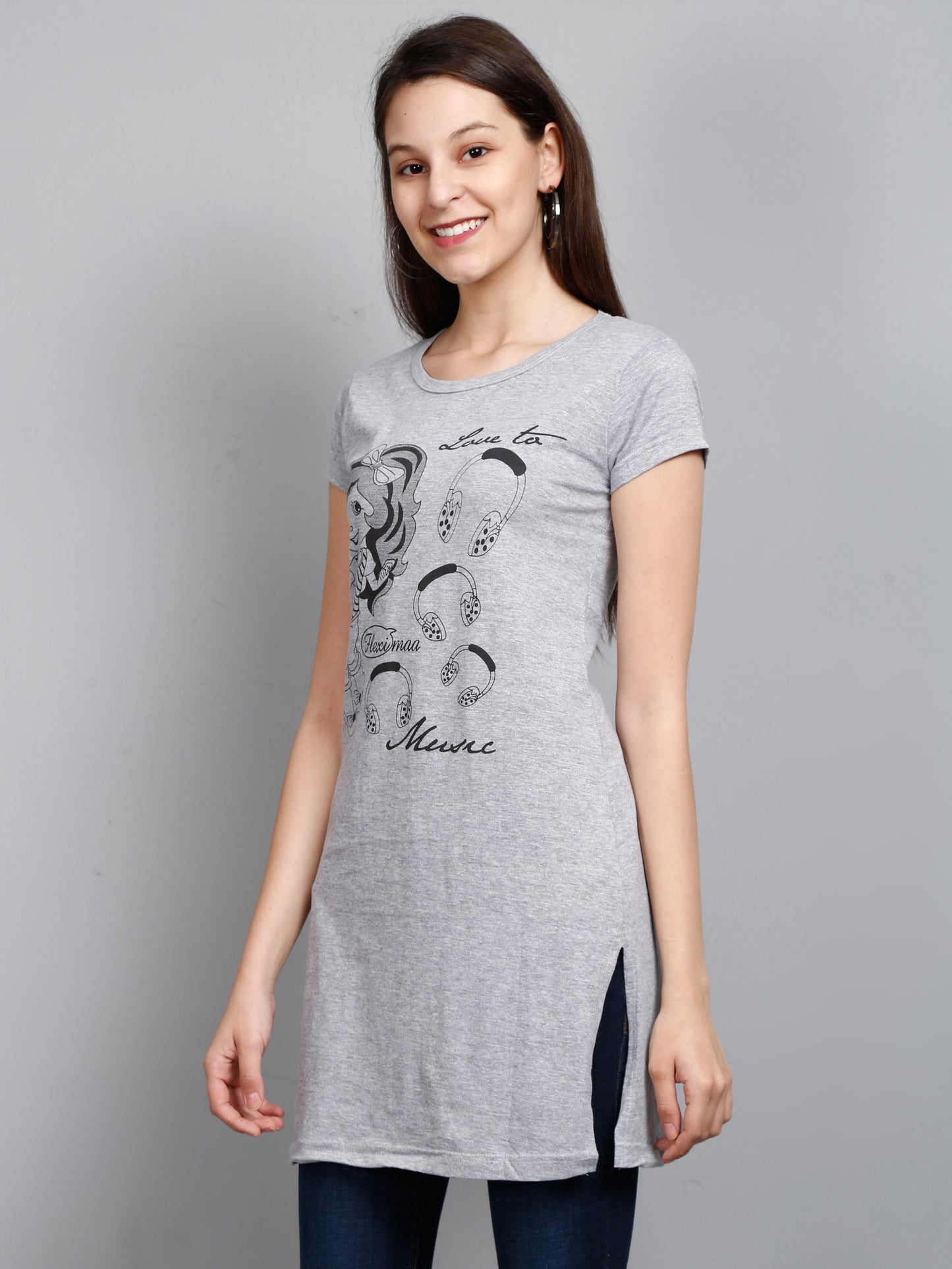 Women's Cotton Round Neck Grey Melange Color Long Top Chest Printed with Side Cut