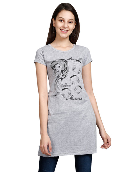 Women's Cotton Round Neck Long Top Chest Printed with Side Cut