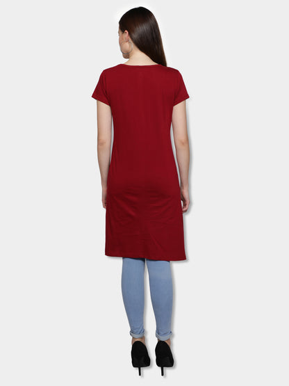 Women's Cotton Round Neck Maroon Color Long Top Chest Printed with Side Cut