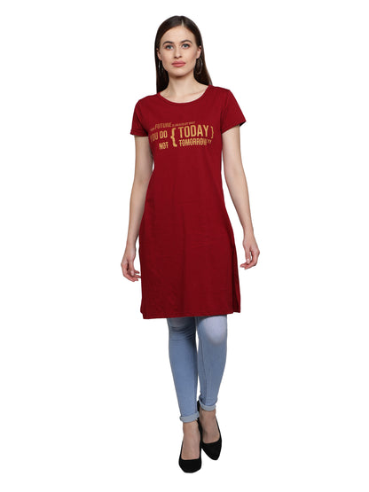 Women's Cotton Round Neck Long Top Chest Printed with Side Cut