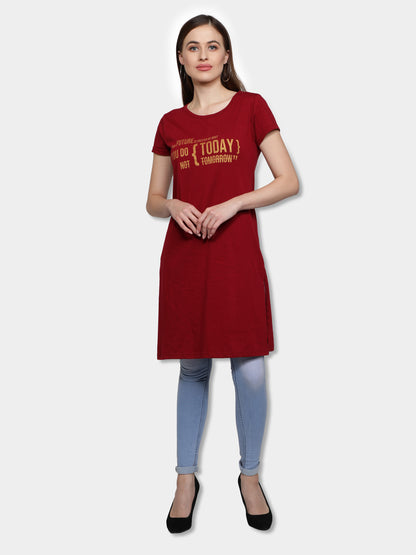 Women's Cotton Round Neck Long Top Chest Printed with Side Cut