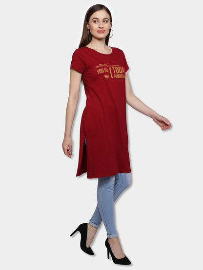 Women's Cotton Round Neck Long Top Chest Printed with Side Cut