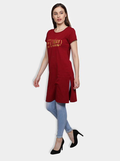 Women's Cotton Round Neck Long Top Chest Printed with Side Cut