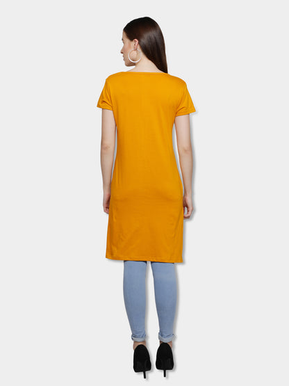 Women's Cotton Round Neck Long Top Chest Printed with Side Cut