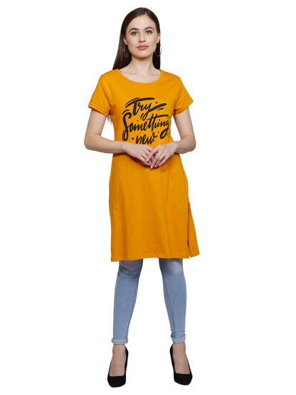 Women's Cotton Round Neck Long Top Chest Printed with Side Cut