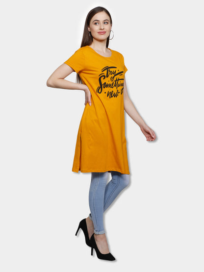 Women's Cotton Round Neck Mustard Yellow Color Long Top Chest Printed with Side Cut