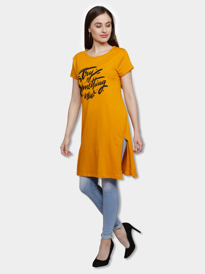 Women's Cotton Round Neck Mustard Yellow Color Long Top Chest Printed with Side Cut