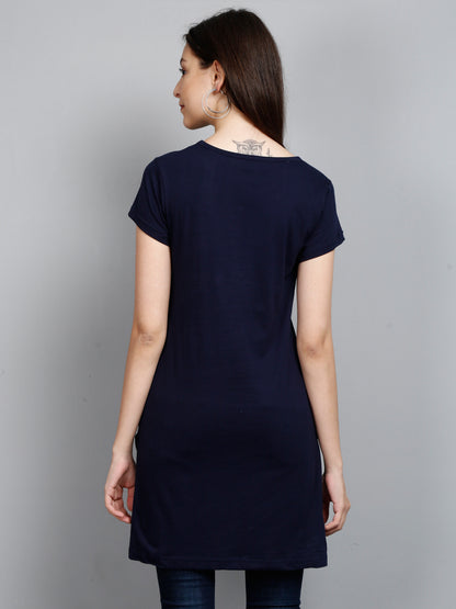 Women's Cotton Round Neck Long Top Chest Printed with Side Cut