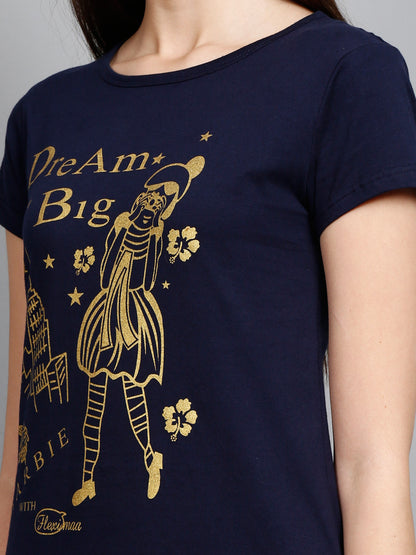 Women's Cotton Round Neck Navy Blue Color Long Top Chest Printed with Side Cut