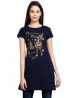 Women's Cotton Round Neck Navy Blue Color Long Top Chest Printed with Side Cut
