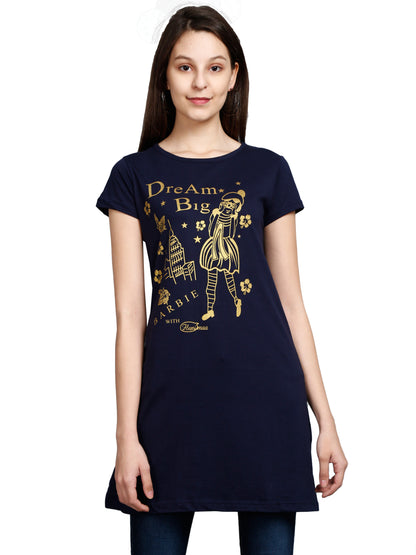 Women's Cotton Round Neck Long Top Chest Printed with Side Cut