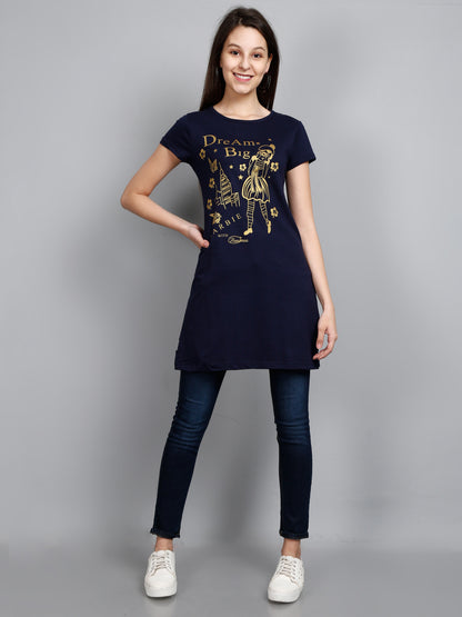 Women's Cotton Round Neck Long Top Chest Printed with Side Cut