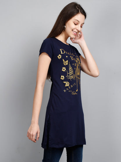 Women's Cotton Round Neck Long Top Chest Printed with Side Cut