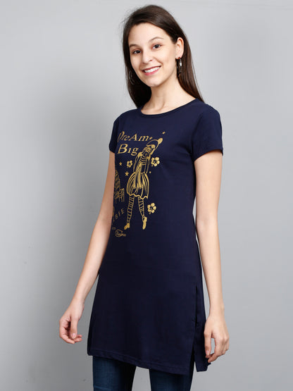 Women's Cotton Round Neck Long Top Chest Printed with Side Cut