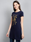 Women's Cotton Round Neck Navy Blue Color Long Top Chest Printed with Side Cut