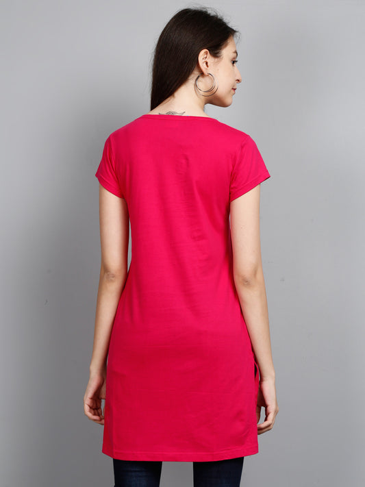 Women's Cotton Round Neck Pink Color Long Top Chest Printed with Side Cut