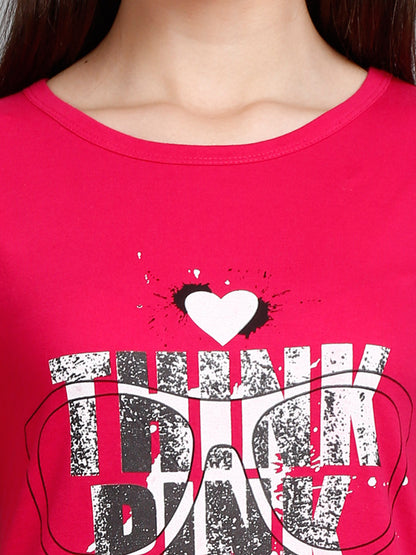 Women's Cotton Round Neck Pink Color Long Top Chest Printed with Side Cut