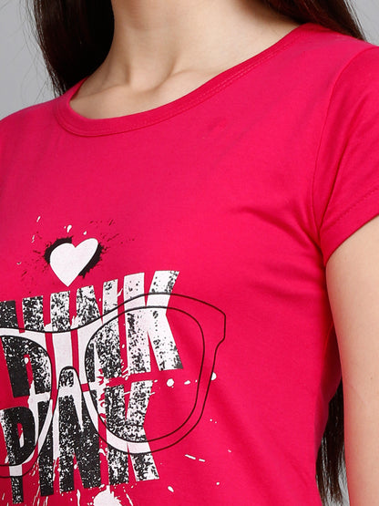 Women's Cotton Round Neck Long Top Chest Printed with Side Cut