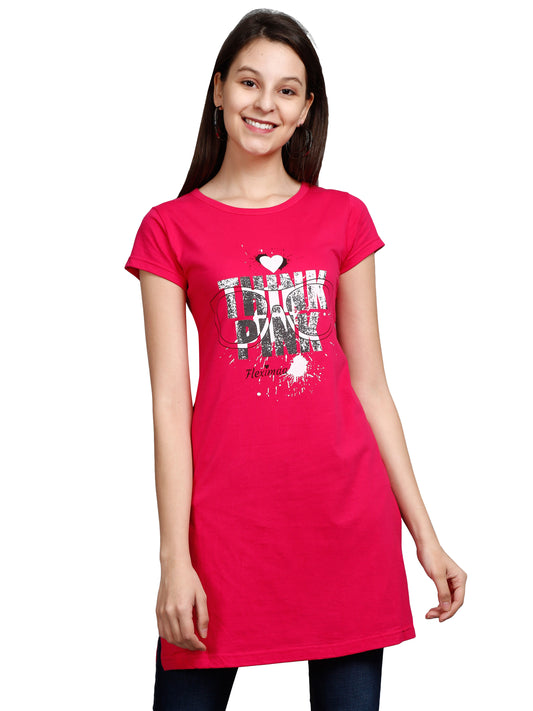 Women's Cotton Round Neck Pink Color Long Top Chest Printed with Side Cut