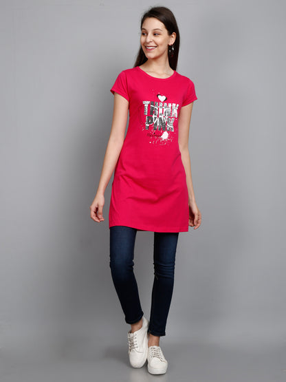 Women's Cotton Round Neck Long Top Chest Printed with Side Cut