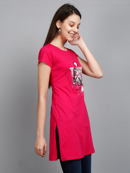 Women's Cotton Round Neck Pink Color Long Top Chest Printed with Side Cut