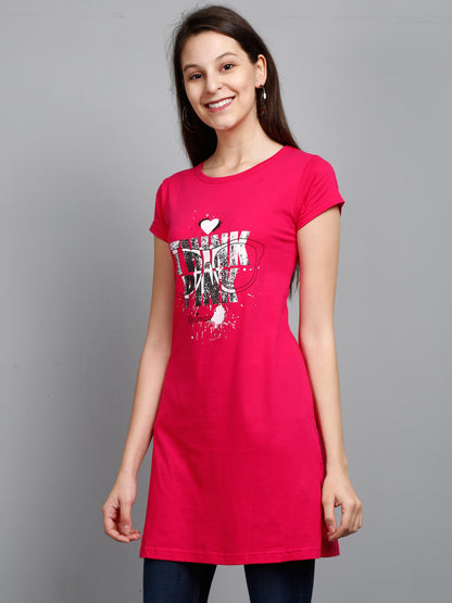 Women's Cotton Round Neck Pink Color Long Top Chest Printed with Side Cut