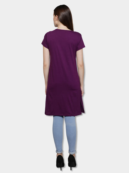 Women's Cotton Round Neck Purple Color Long Top Chest Printed with Side Cut