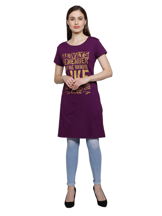 Women's Cotton Round Neck Purple Color Long Top Chest Printed with Side Cut