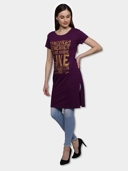 Women's Cotton Round Neck Long Top Chest Printed with Side Cut