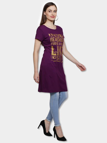 Women's Cotton Round Neck Long Top Chest Printed with Side Cut