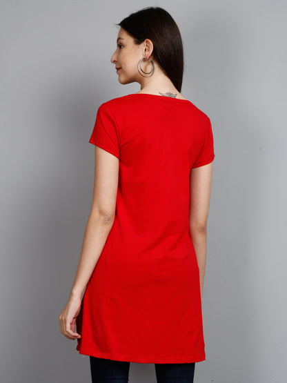Women's Cotton Round Neck Long Top Chest Printed with Side Cut